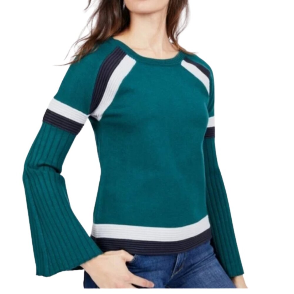 Summer & Sage Sweater L Green Colorblock Ribbed‎ Knit Bell Sleeve Y2K Vintage
